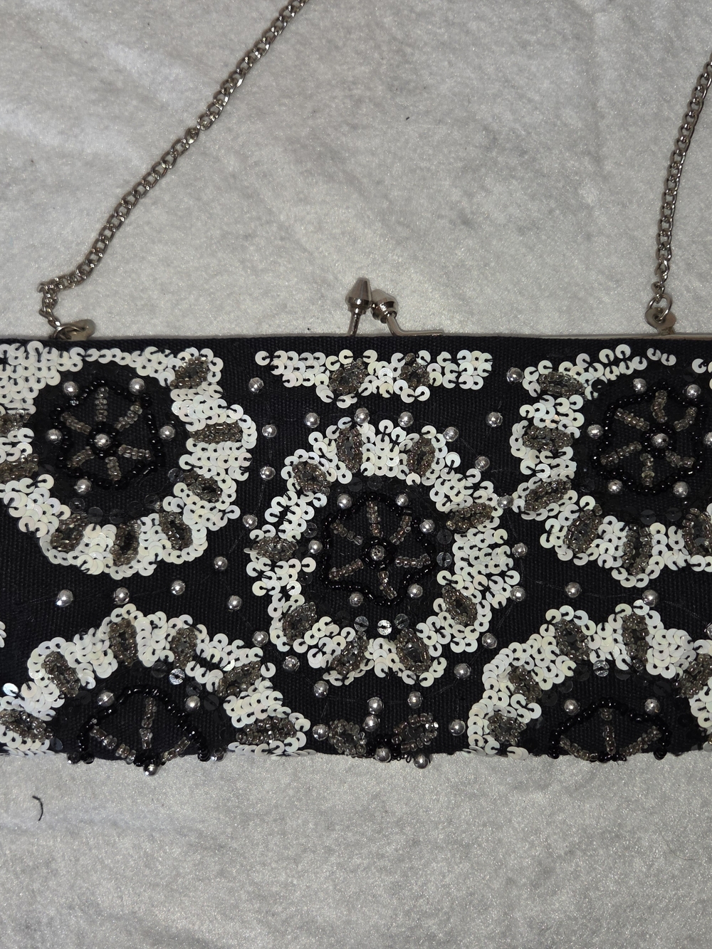 WHBM Black Sequin Beaded Evening Clutch - Chain Strap